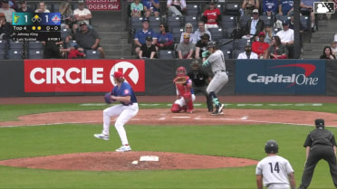 Luis Suisbel doubles (14) on a fly ball to right fielder Jake Casey. Carlos Jimenez scores.