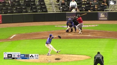 Jordan Sprinkle out on a sacrifice fly to right fielder Andy Garriola. Andy Weber scores.