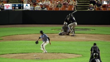 Roderick Arias doubles (2) on a sharp fly ball to center fielder Vance Honeycutt. Core Jackson scores.