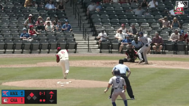 Karson Simas singles on a ground ball to second baseman Peyton Stovall. Alex Madera scores.
