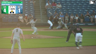 Angel Acosta singles on a ground ball to shortstop Brandon Winokur, deflected by pitcher Christian Becerra. Jose Cerice scores.