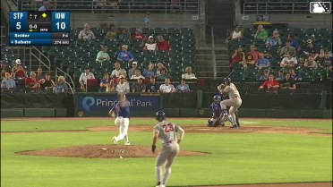 Aaron Sabato doubles (21) on a sharp fly ball to right fielder Brett Bateman. Walker Jenkins scores.
