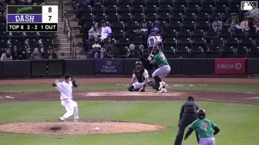 Axiel Plaz doubles (6) on a line drive to right fielder George Wolkow. Matt King scores.