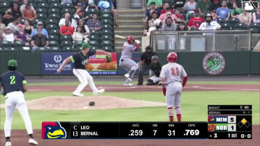 Leo Bernal doubles (8) on a line drive to right fielder Jud Fabian. César Prieto scores.