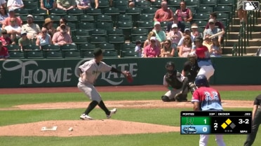 Cameron Decker out on a sacrifice fly to left fielder Mason Neville. Eduardo Guerrero scores.