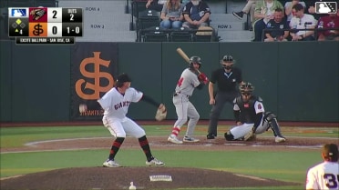 Landyn Vidourek doubles (11) on a sharp fly ball to center fielder Andy Polanco. Cort MacDonald scores.