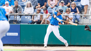 Carter Dorighi doubles (13) on a line drive to center fielder Jose Ortiz. Cesar Quintas scores.