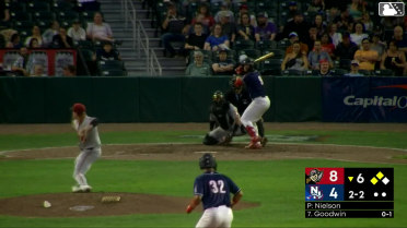 Nick Goodwin doubles (5) on a line drive to right fielder Lonnie White Jr. Cutter Coffey scores. Jorge Burgos scores.