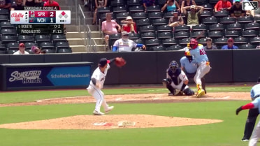 Miguel Ugueto doubles (13) on a line drive to right fielder Garrett Spain. Ryan Campos scores.