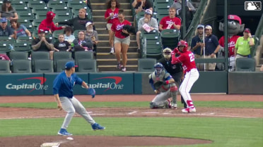 Rece Hinds doubles (1) on a line drive to center fielder Chas McCormick. Blake Dunn scores.