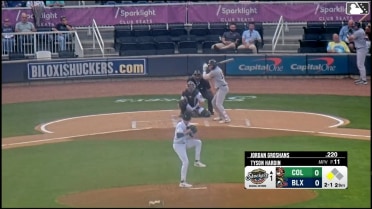 Jordan Groshans doubles (2) on a sharp line drive to center fielder Dasan Brown. Patrick Clohisy scores.