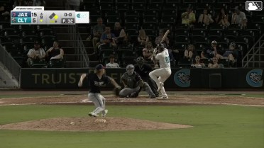 Korey Lee doubles (9) on a sharp line drive to center fielder Andrew Pintar. Braden Montgomery scores.