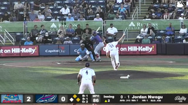 Jordan Nwogu singles on a sharp line drive to right fielder Fenwick Trimble. Alex Madera scores. Alex Ramírez to 3rd.