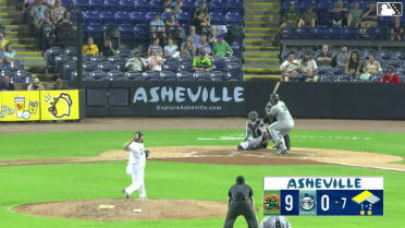 Axiel Plaz singles on a line drive to center fielder Caden Powell. Wyatt Sanford scores. Yordany De Los Santos scores.