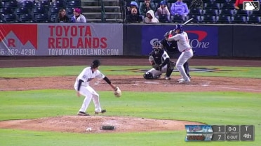 Myles Naylor triples (1) on a sharp fly ball to right fielder Cesar Quintas. Logan Sauve scores.