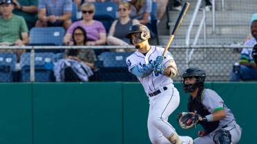 Korbyn Dickerson doubles (1) on a line drive to left fielder Jose Astudillo. Luke Stevenson scores.