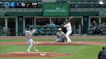 Otto Kemp out on a sacrifice fly to right fielder Brock Jones. Steward Berroa scores.