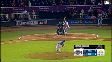 Cristian Hernández doubles (25) on a ground ball to left fielder Mark Coley II. Adrian Santana scores.