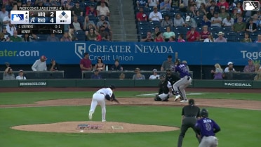 Chad Stevens doubles (22) on a line drive to center fielder Anderdson Rojas. Edouard Julien scores.