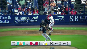 Aroon Escobar doubles (11) on a fly ball to center fielder Tavian Josenberger. Alex Binelas scores.