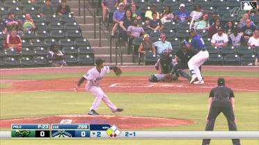 Jhosmmel Zue doubles (12) on a sharp line drive to center fielder Dallas Macias. Tyson Moran scores.