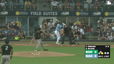 Tyler Black triples (4) on a line drive to center fielder Michael Siani. Luis Matos scores.