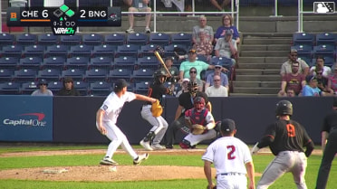 Aron Estrada singles on a line drive to right fielder Matt Rudick. Adam Retzbach scores. Fernando Peguero to 3rd.