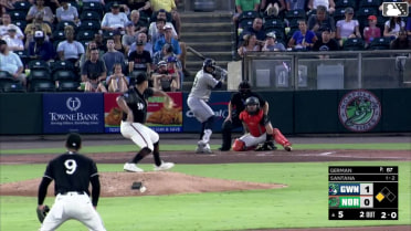 Carlos Santana singles on a line drive to center fielder Reed Trimble. Patrick Clohisy scores.