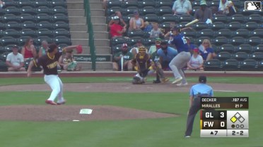 Cameron Decker singles on a ground ball to center fielder Ryan Wideman, deflected by left fielder Kasen Wells. Jose Meza scores.