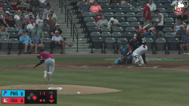 Leo Balcazar doubles (10) on a line drive to right fielder Fenwick Trimble. Carlos Jorge scores.