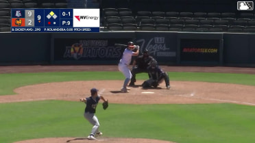 Jared Dickey doubles (9) on a ground ball to left fielder Diego Castillo. Brian Serven scores.