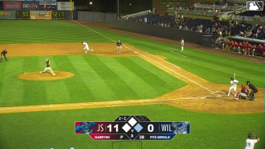 Devin Fitz-Gerald doubles (1) on a line drive to left fielder Raider Tello. Cristhian Vaquero scores.