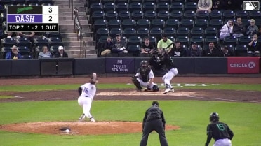 Easton Carmichael singles on a line drive to center fielder Ely Brown. Jhonny Severino scores. Lonnie White Jr. scores.