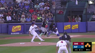 Oswaldo Cabrera out on a sacrifice fly to right fielder Je'Von Ward. J.C. Escarra scores. Marco Luciano to 3rd.