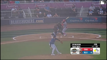Leo Balcazar singles on a ground ball to center fielder Josiah Ragsdale. Jay Allen II scores.