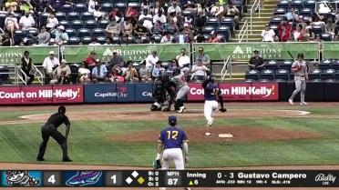 Gustavo Campero doubles (5) on a line drive to left fielder Emaarion Boyd. Wade Meckler scores.