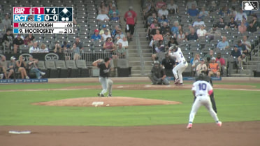 Mac McCroskey singles on a line drive to center fielder Ryan Burrowes. Anthony Scull scores.