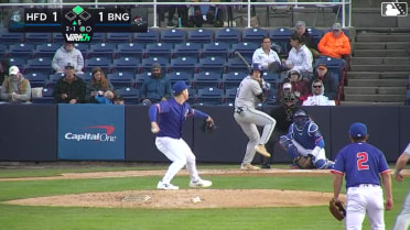 Zach Kokoska doubles (2) on a fly ball to center fielder Matt Rudick. Conner Capel scores.
