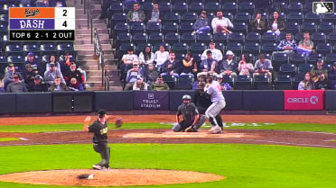 Colin Yeaman doubles (1) on a ground ball to left fielder T.J. McCants. Leandro Arias scores.