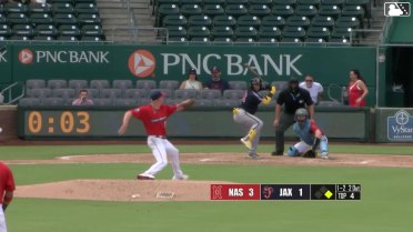 Bo Naylor doubles (14) on a ground ball to right fielder Kemp Alderman. Brandon Lockridge scores.