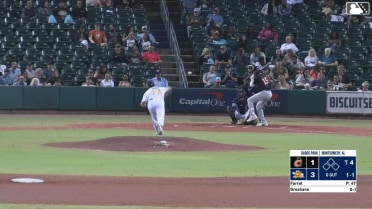 Jordan Groshans homers (1) on a line drive to left field.