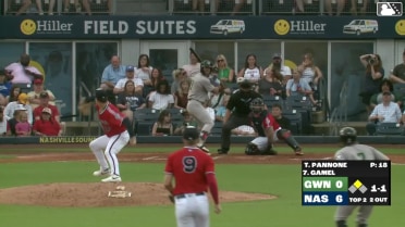 Ben Gamel doubles (6) on a line drive to right fielder Akil Baddoo. Aaron Schunk scores.