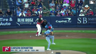 Carson DeMartini doubles (6) on a line drive to center fielder Chris Suero. Aroon Escobar scores.