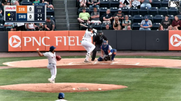 Yanquiel Fernández doubles (12) on a sharp line drive to center fielder Cristian Pache. George Lombard Jr. scores.