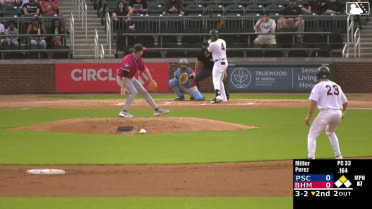 Jeral Perez singles on a line drive to left fielder Brendan Jones. Jacob Burke scores.