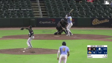 Will Simpson doubles (21) on a line drive to center fielder Jay Allen II. Xavier Isaac scores.