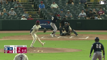 Romeo Sanabria doubles (15) on a soft ground ball to left fielder Keith Jones II. Albert Fabian scores.