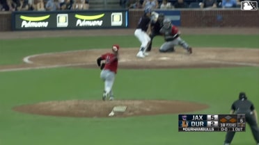 Oliver Dunn lines into a double play, pitcher Mason Vinyard to first baseman Griffin Conine. Brock Jones out at 1st.