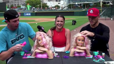 Knights pitchers take part in a Barbie hair challenge