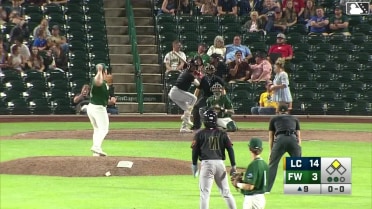 Welbyn Francisca doubles (3) on a line drive to right fielder Kavares Tears. Juneiker Caceres scores.